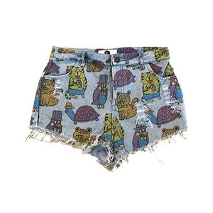HTF Lazy Oaf Denim Blue Shorts Jorts Sz. M Cats Turtles Penguins All Over Print